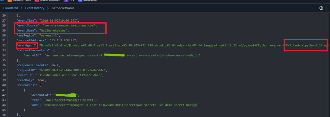 CloudTrail Secrets Manager access event