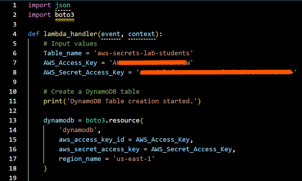 Lambda function with hardcoded AWS credentials