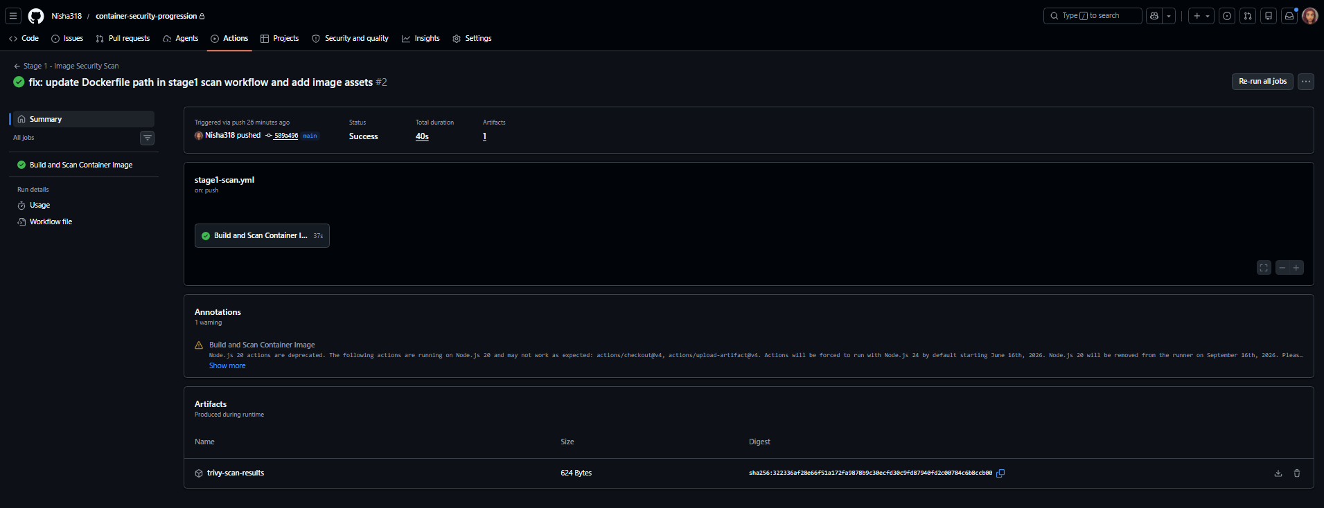 GitHub Actions pipeline passing after .trivyignore applied