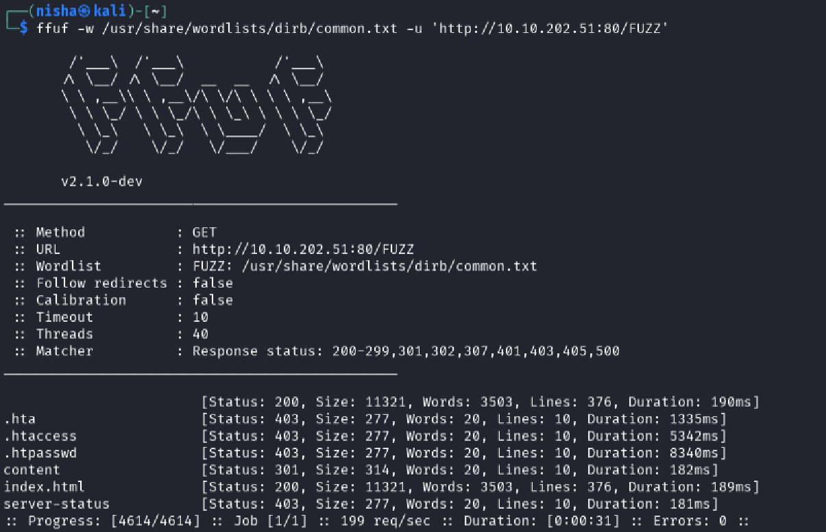 FFuF Results Revealing Content Directory